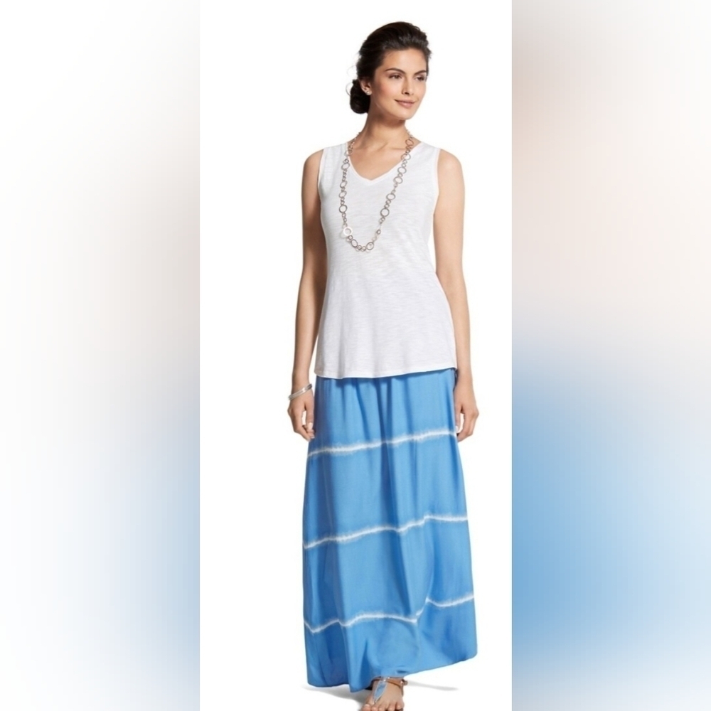 Chico's Women's Sky Blue Tie-Dye 100% Rayon Elastic Waistband Flowy Maxi Skirt L